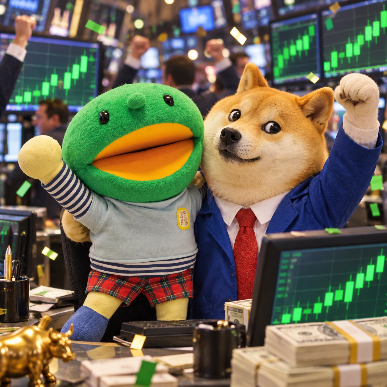 Kabo-chan and Kabosu celebrating on a trading floor