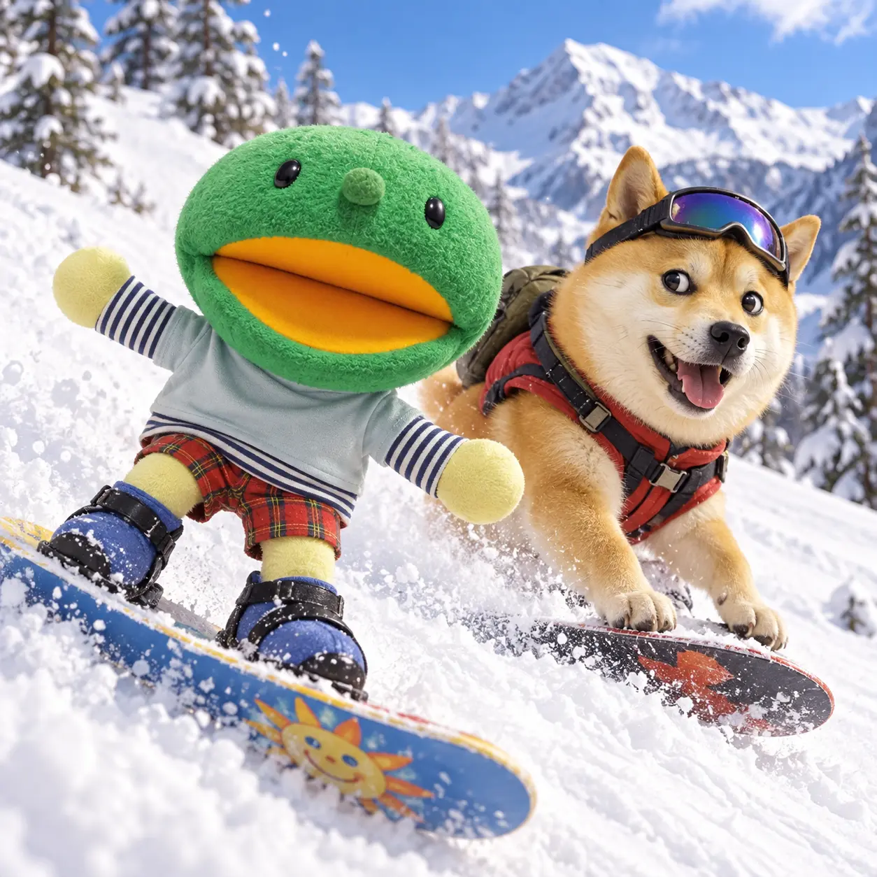 Kabo-chan and Kabosu snowboarding down a mountain together