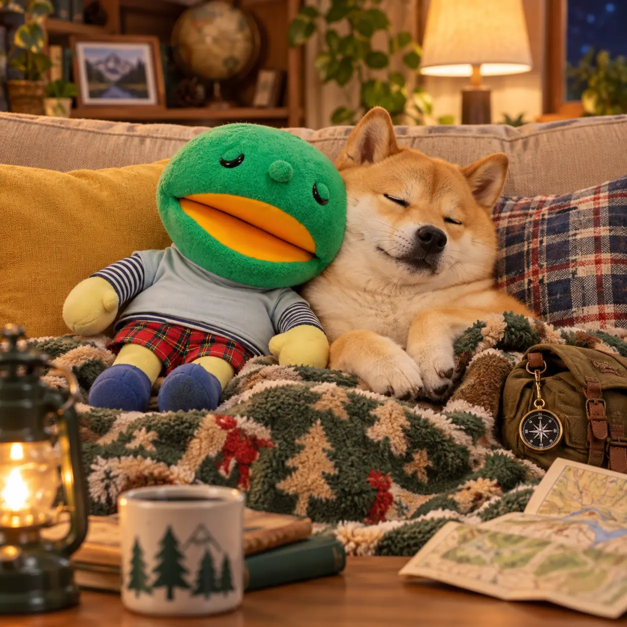 Kabo-chan and Kabosu napping together beneath a warm blanket