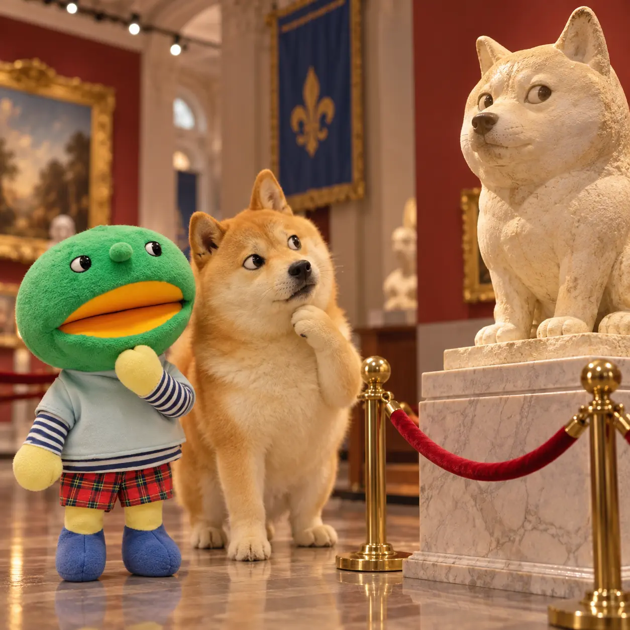 Kabo-chan and Kabosu admiring a Doge statue in a museum