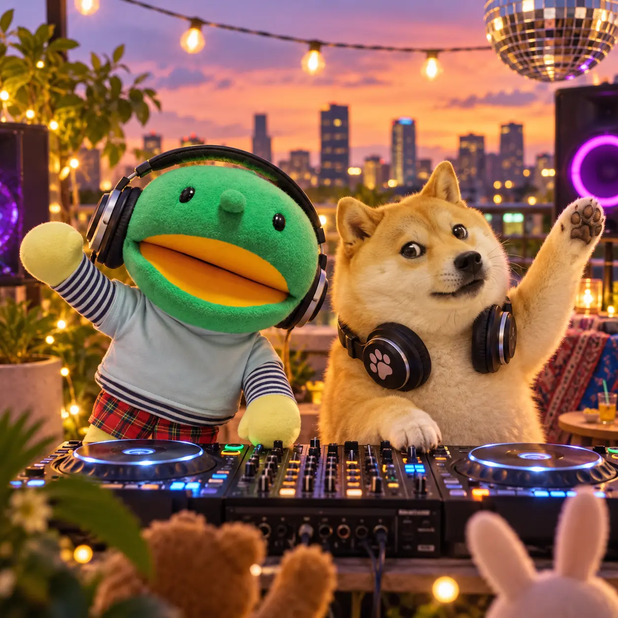 Kabo-chan and Kabosu DJing a rooftop party at sunset
