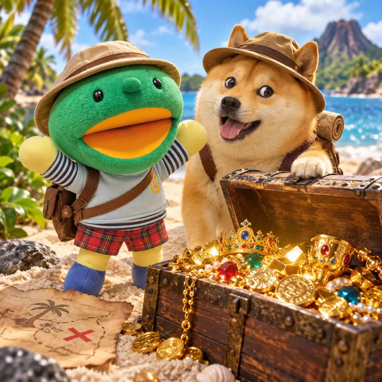 Kabo-chan and Kabosu discovering a treasure chest on a tropical beach