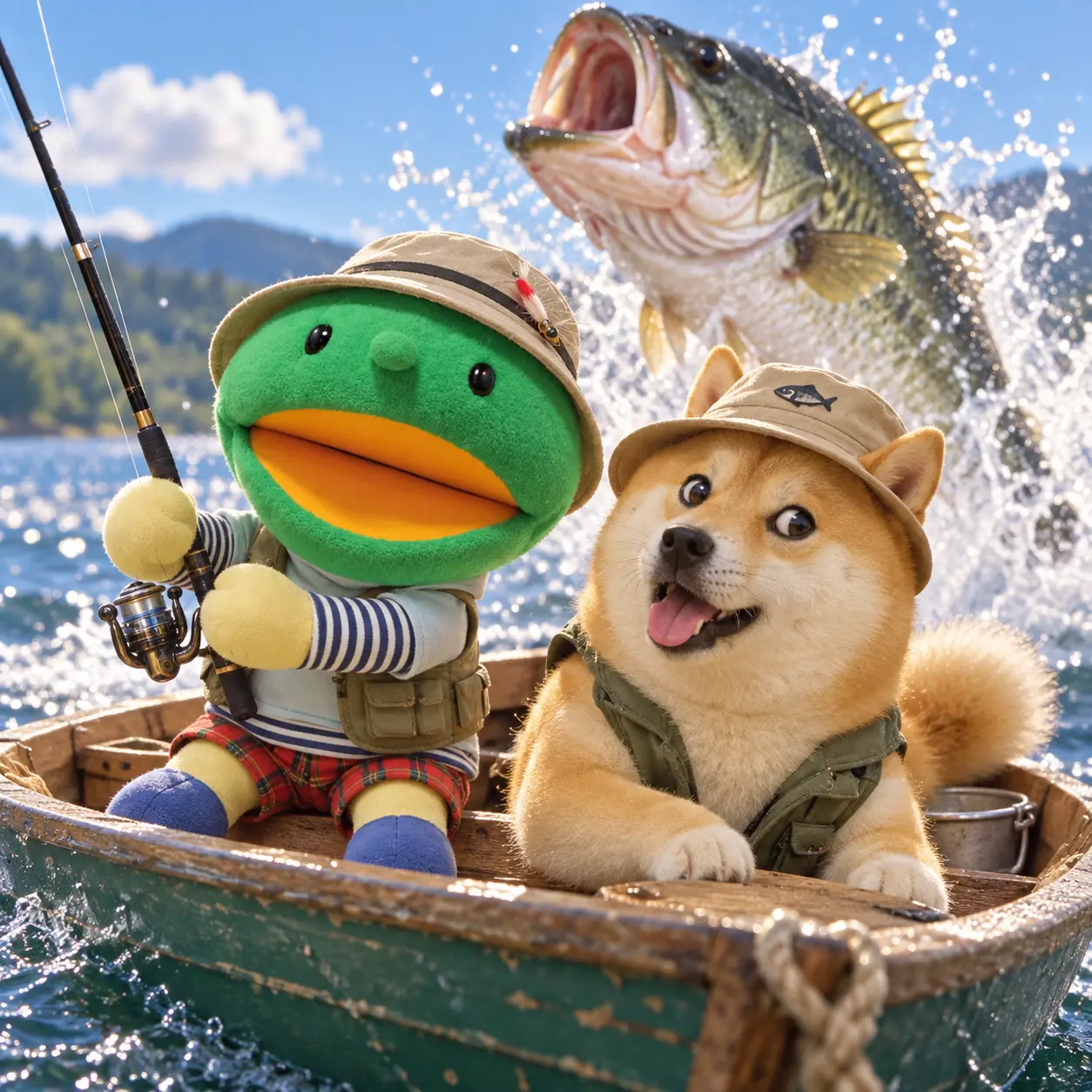 Kabo-chan and Kabosu fishing from a boat as a giant fish leaps nearby