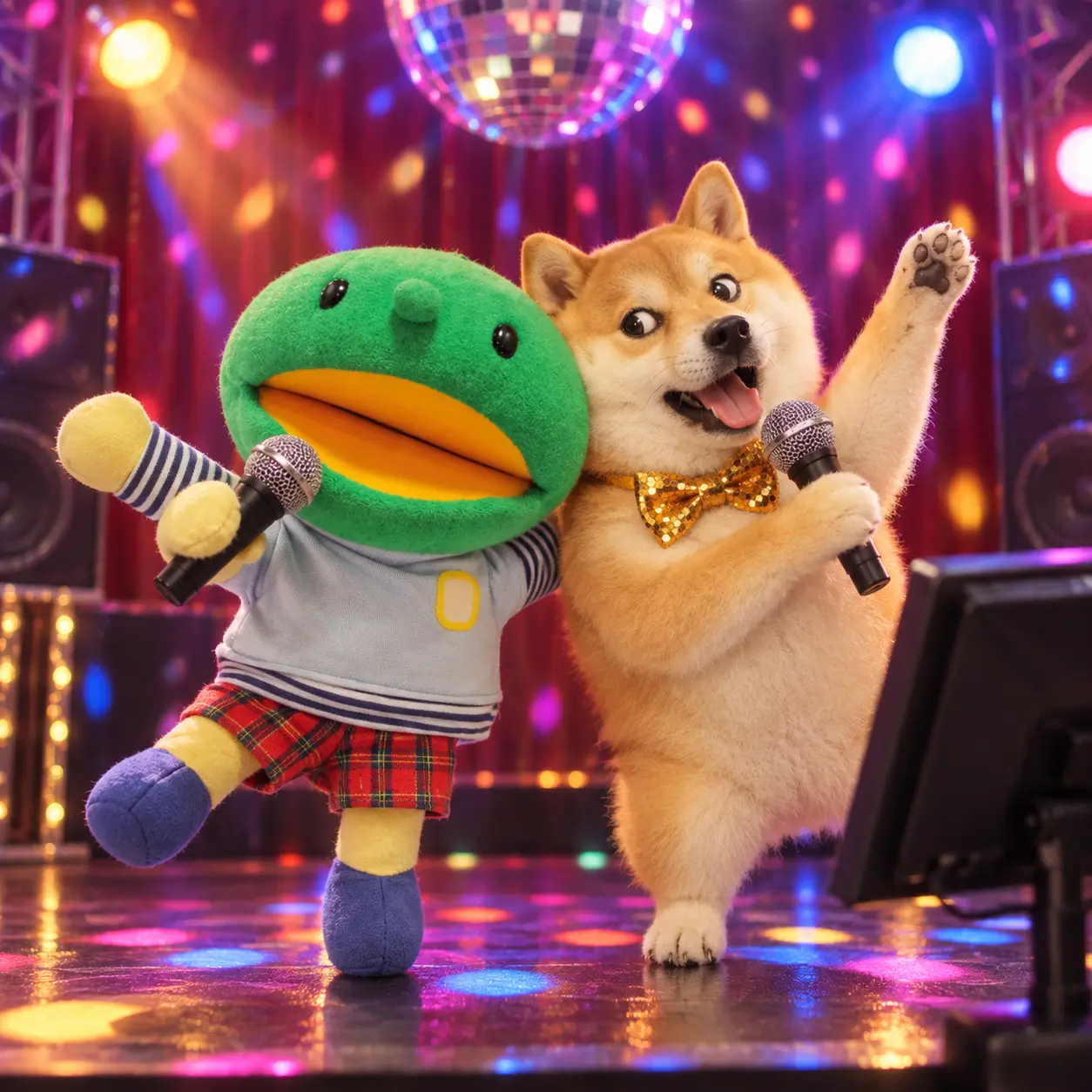 Kabo-chan and Kabosu singing karaoke beneath a disco ball