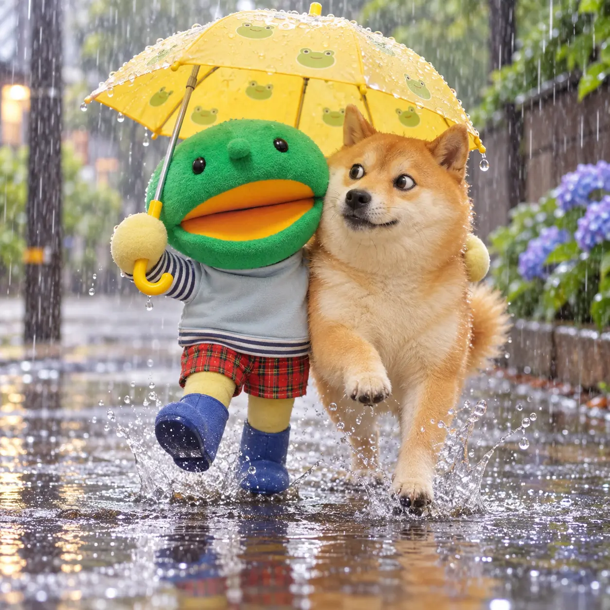 Kabo-chan and Kabosu sharing a yellow umbrella in the rain