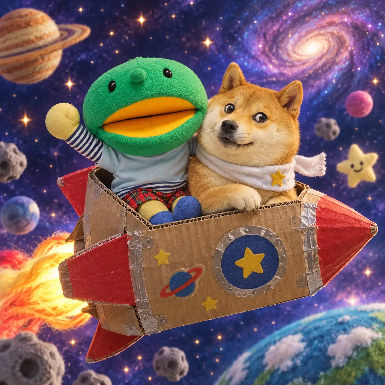 Kabo-chan and Kabosu flying through space in a cardboard rocket