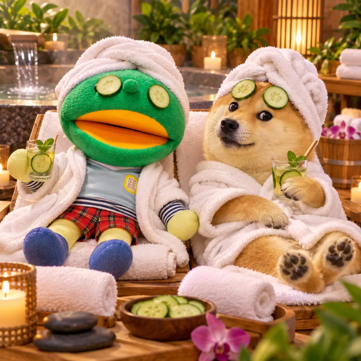 Kabo-chan and Kabosu enjoying cucumber masks and cool drinks at a spa