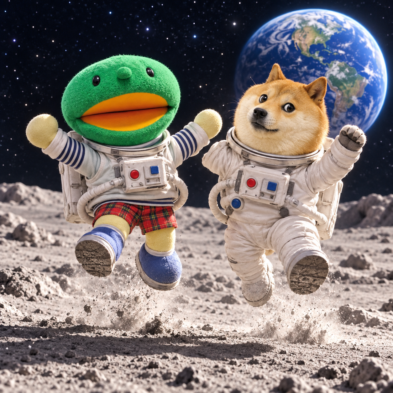 Kabo-chan and Kabosu jumping together on the moon