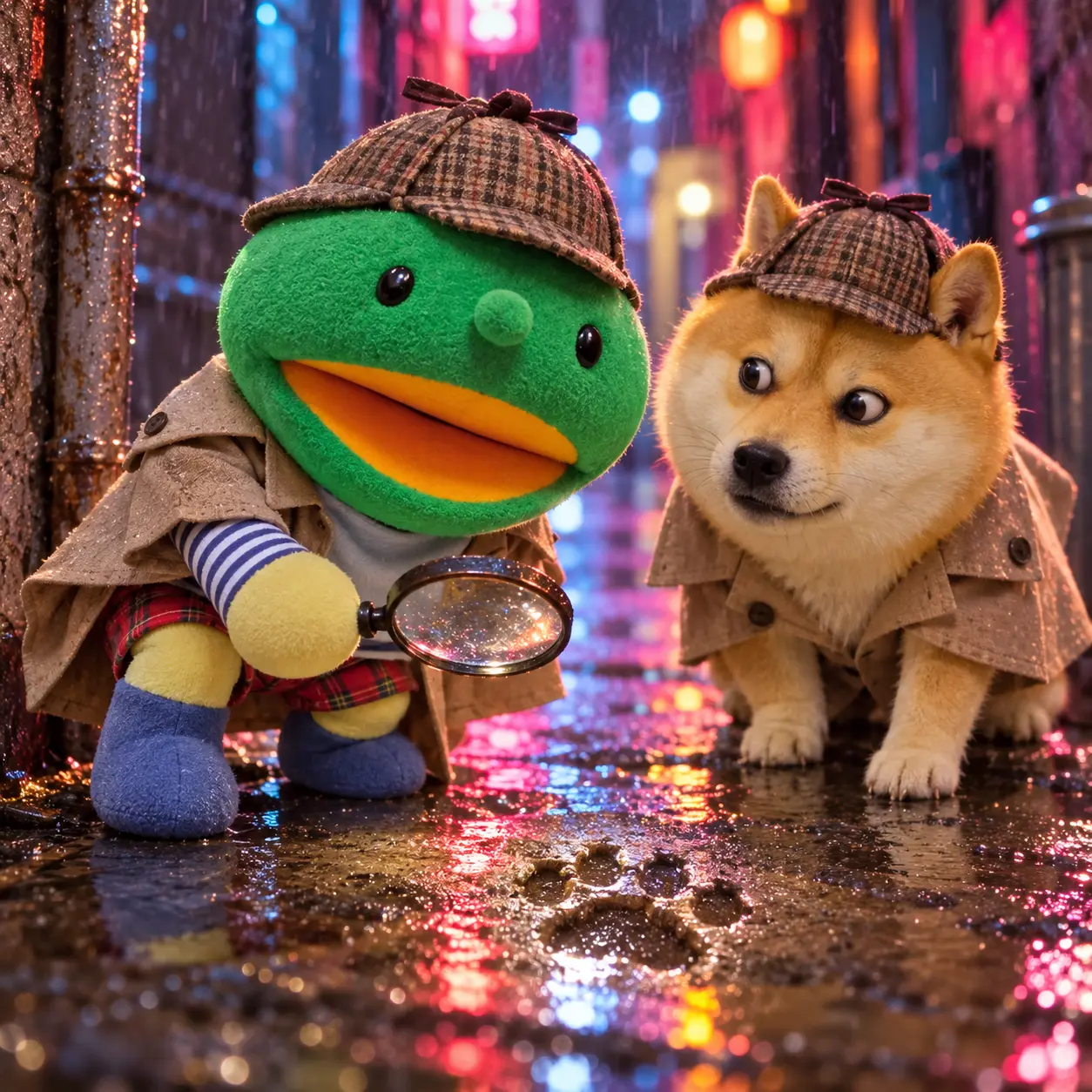 Kabo-chan and Kabosu dressed as detectives investigating a rainy alley