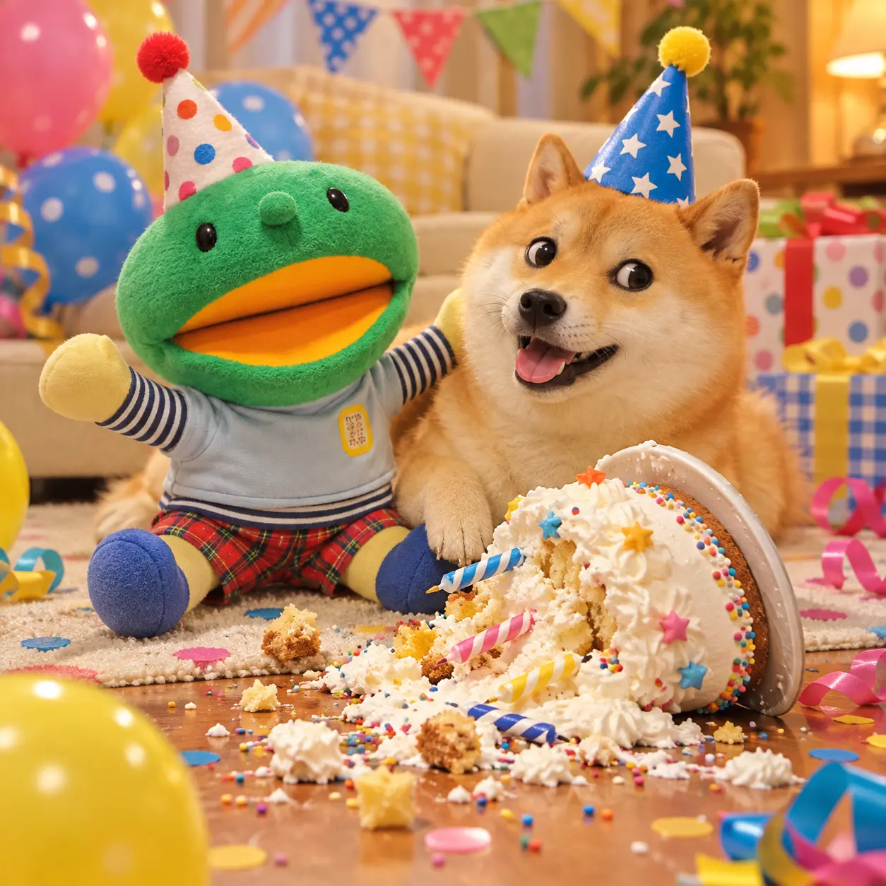 Kabo-chan and Kabosu celebrating a birthday beside a fallen cake