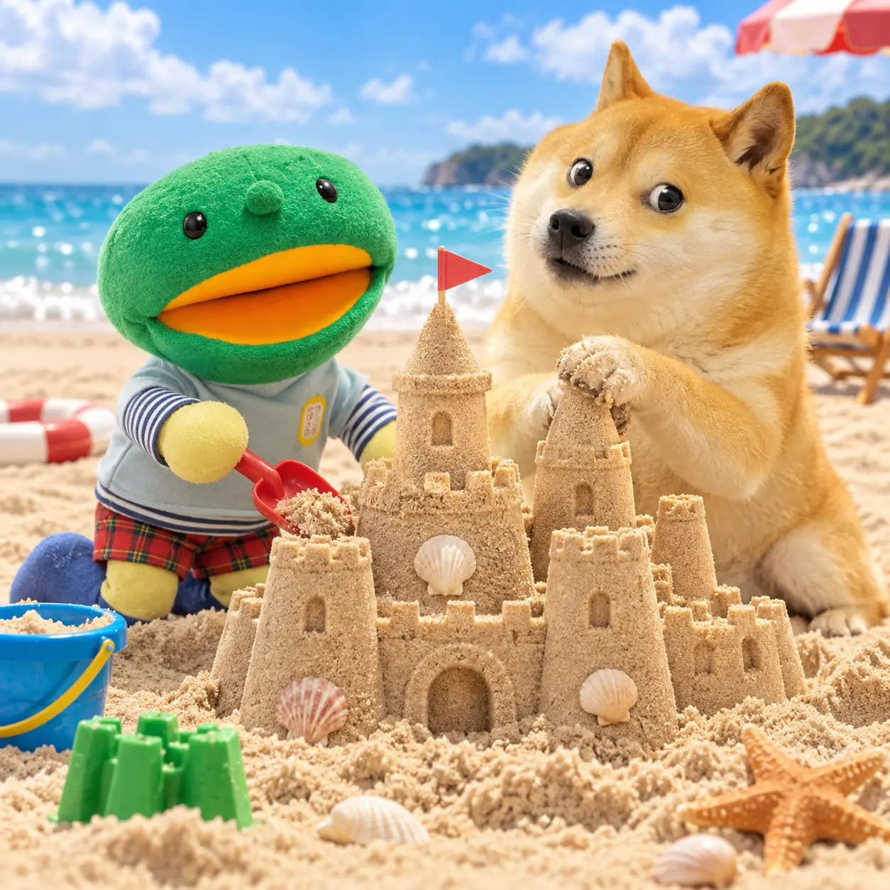 Kabo-chan and Kabosu building a sandcastle at the beach
