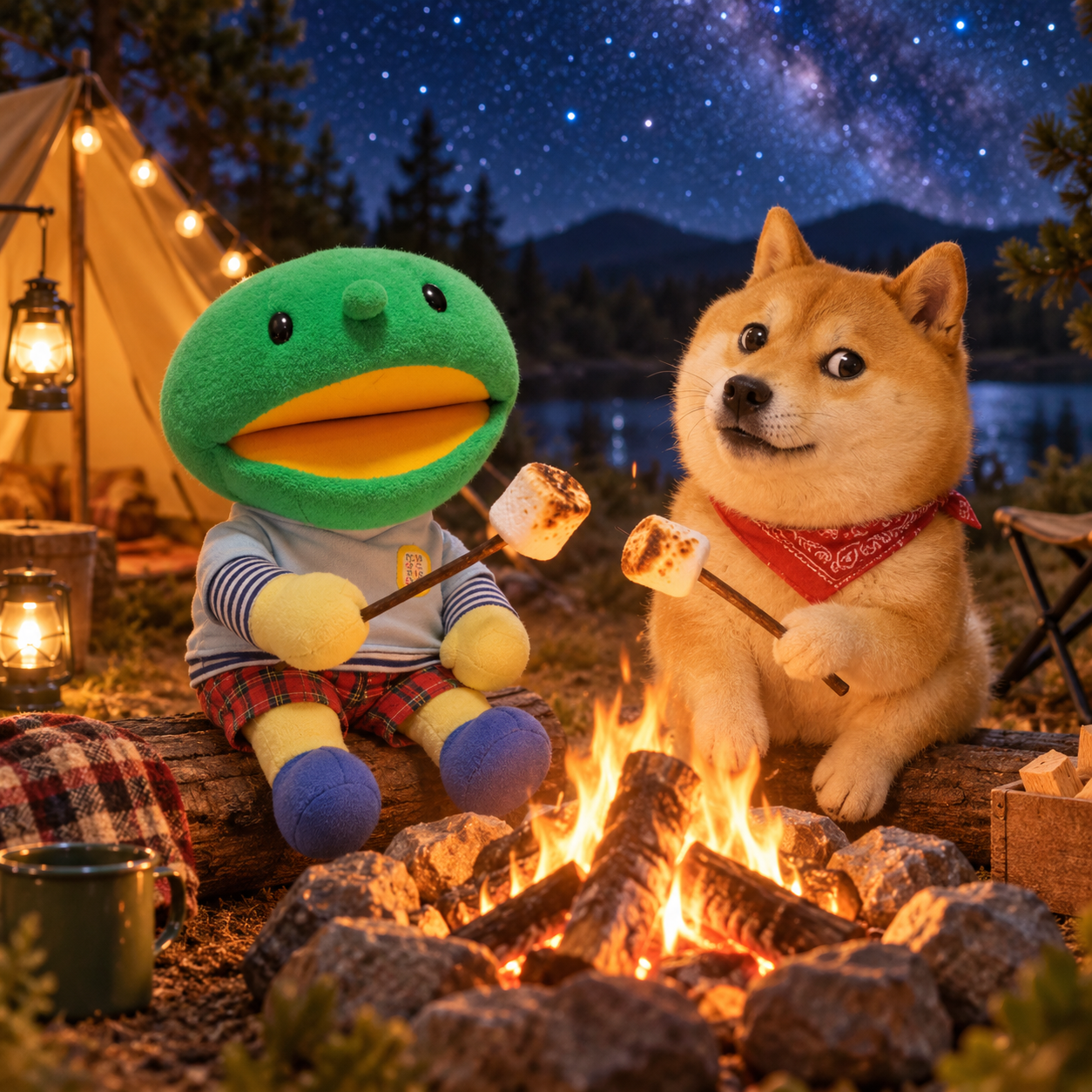 Kabo-chan and Kabosu camping under the stars