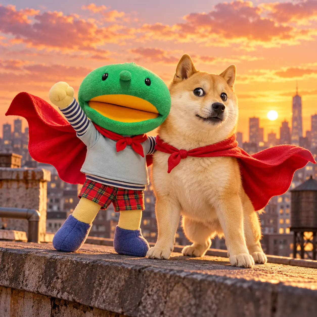 Kabo-chan and Kabosu wearing superhero capes above the city