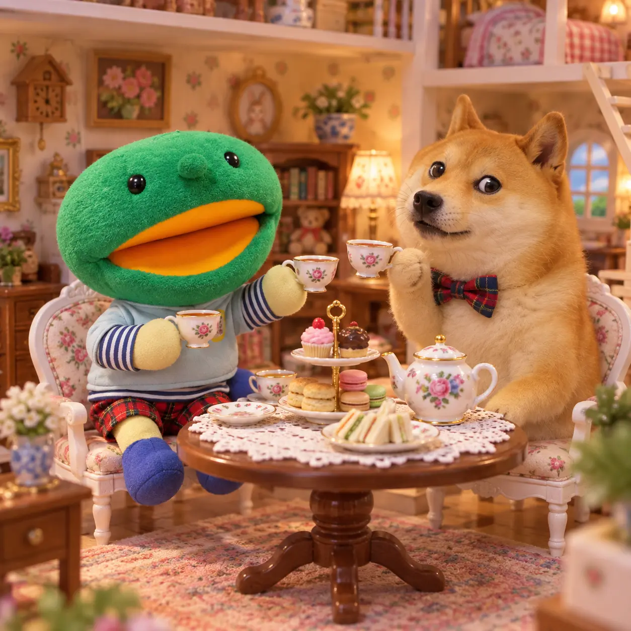 Kabo-chan and Kabosu enjoying tea and cakes in a cozy room